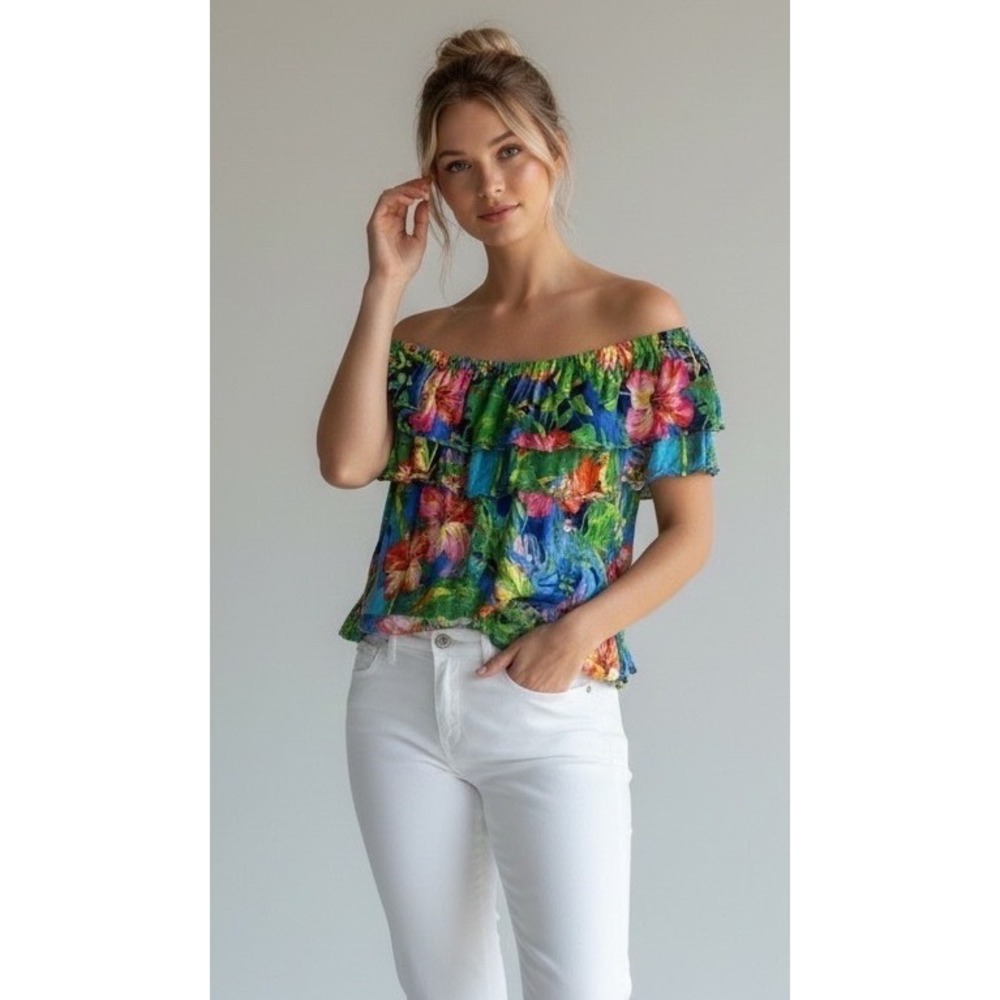LAUREN RALPH LAUREN Top Women L Linen Blend Floral Off Shoulder Ruffle‎ Tropical